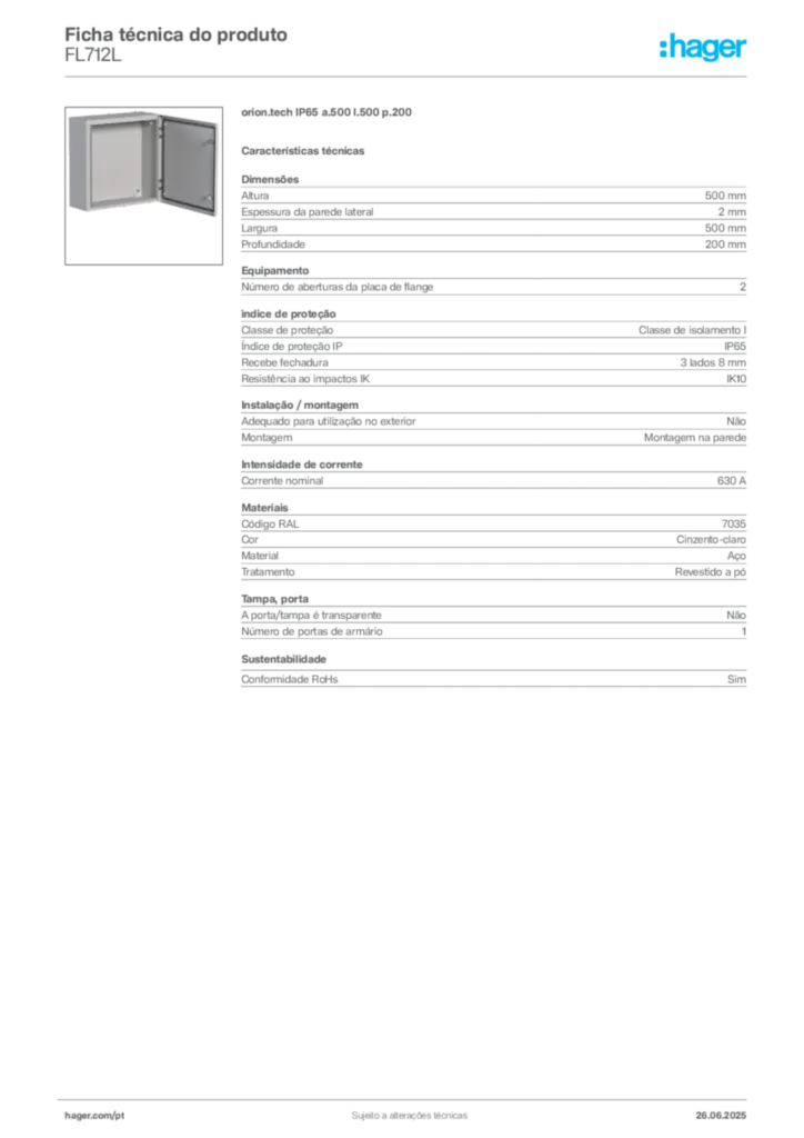 Imagem Hager Ficha técnica do produto FL712L | Hager Portugal