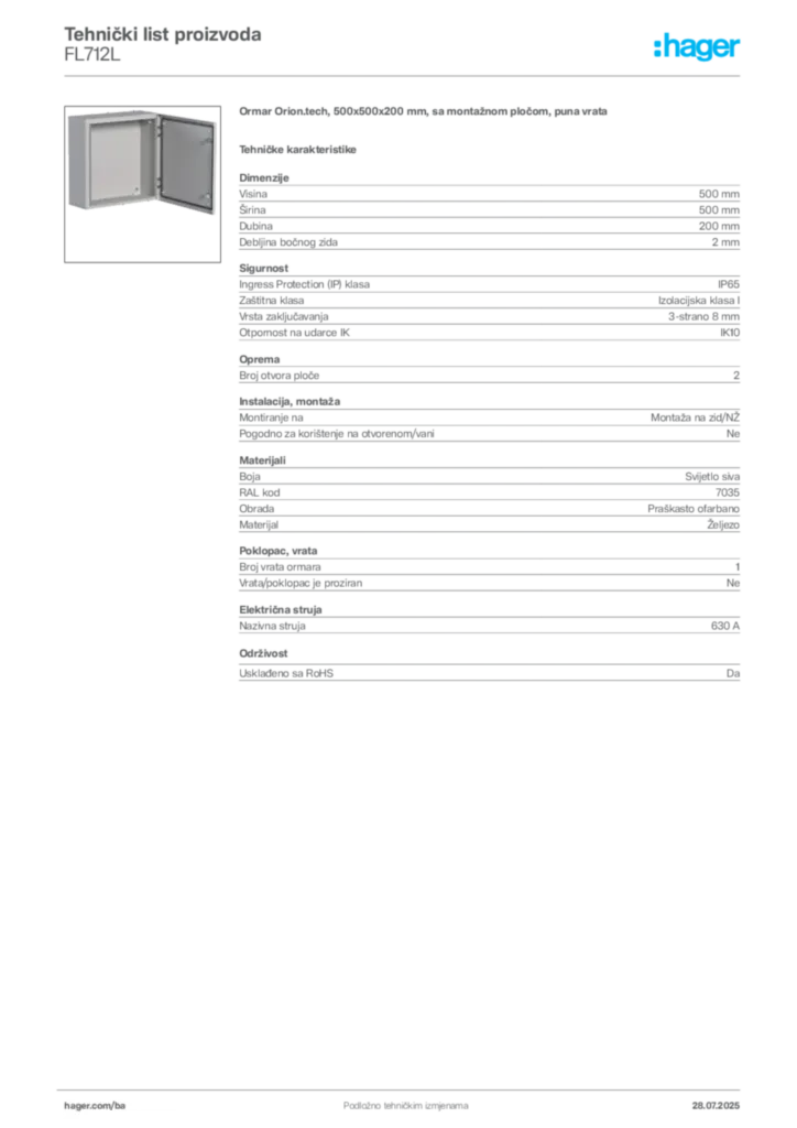 Slika Hager Product data sheet FL712L  | Hager