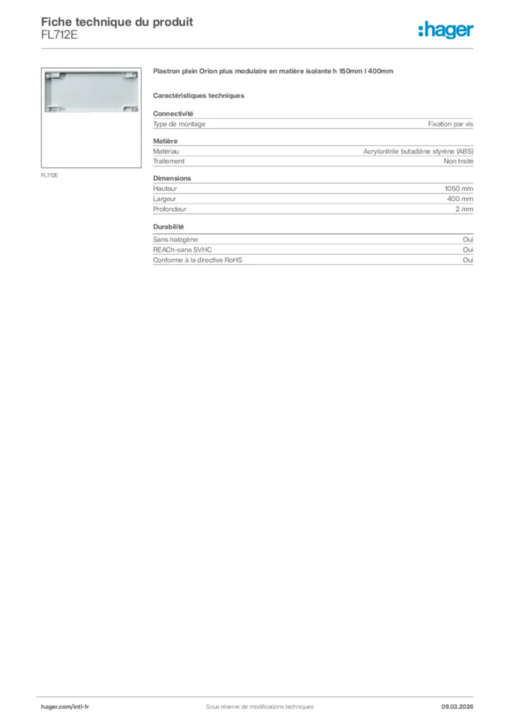 Image Hager Fiche technique du produit FL712E | Hager Afrique