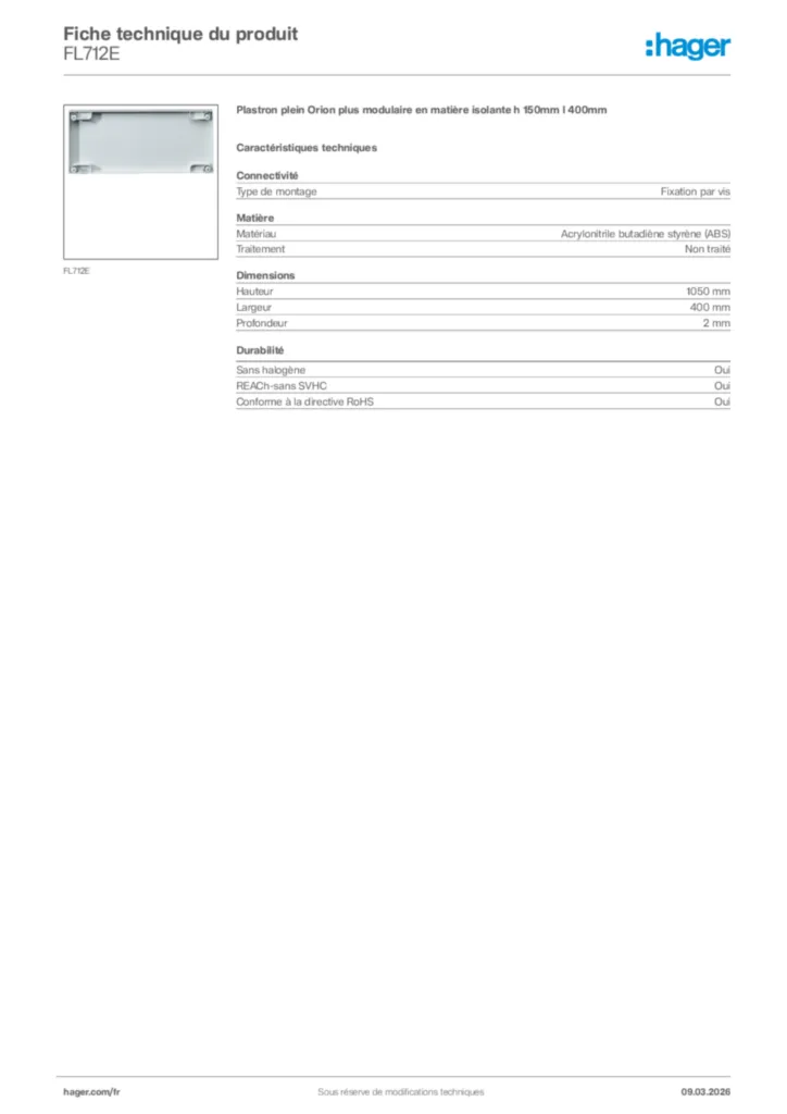 Image Hager Fiche technique du produit FL712E | Hager France