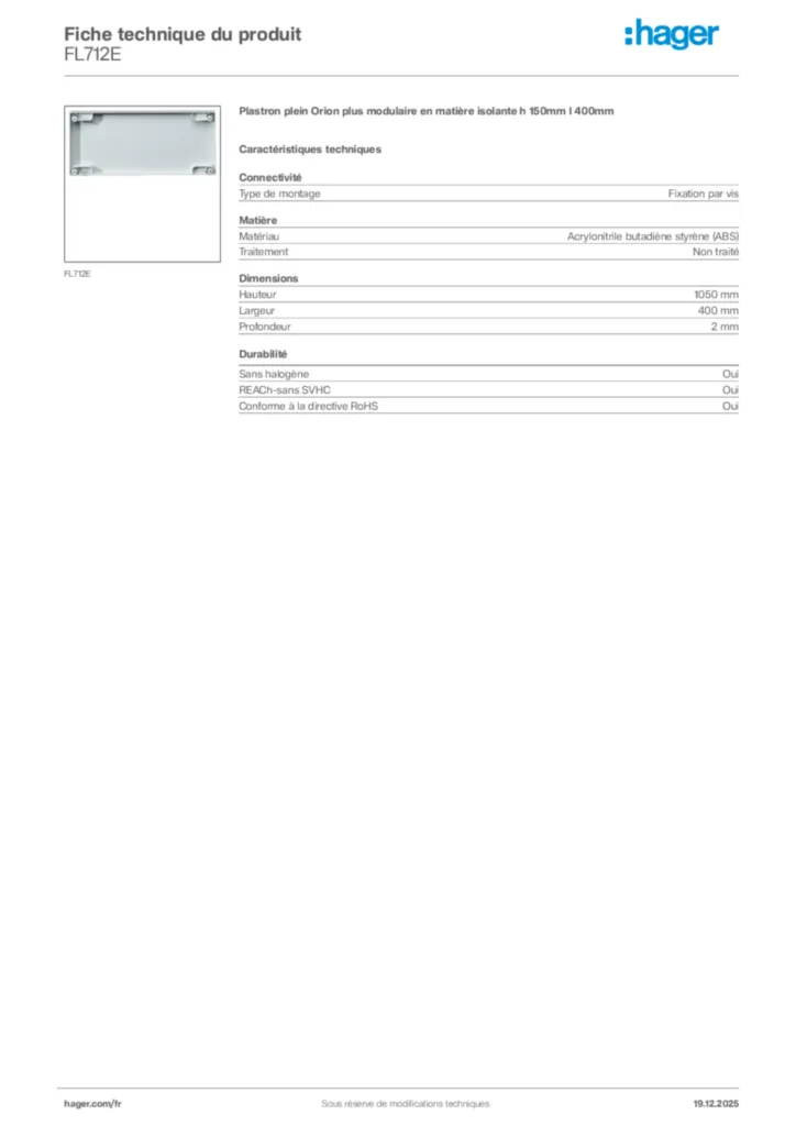 Image Hager Fiche technique du produit FL712E | Hager France