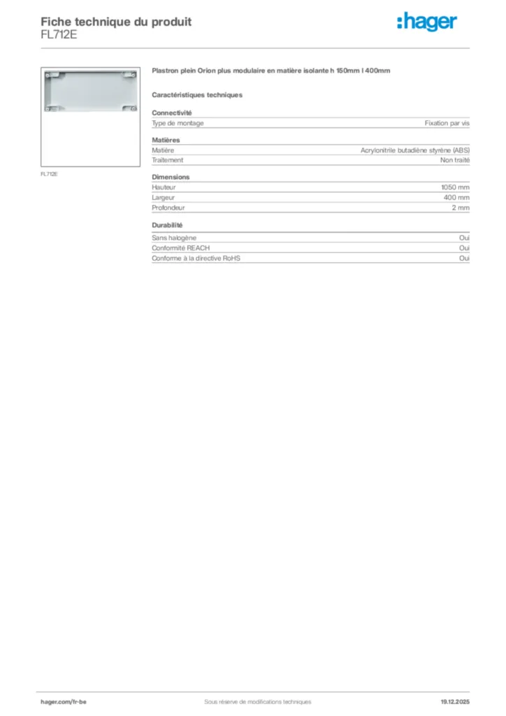 Image Hager Fiche technique du produit FL712E | Hager Belgique