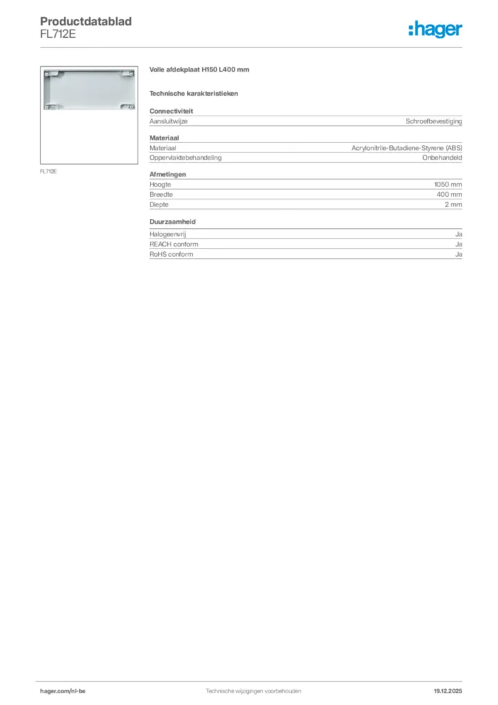 Afbeelding Hager Productdatablad FL712E | Hager Belgium