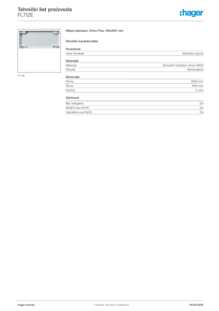 Slika Hager Tehnički list proizvoda FL712E  | Hager
