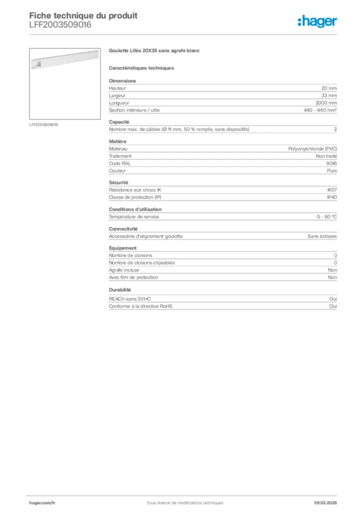 Image Hager Fiche technique du produit LFF2003509016 | Hager France
