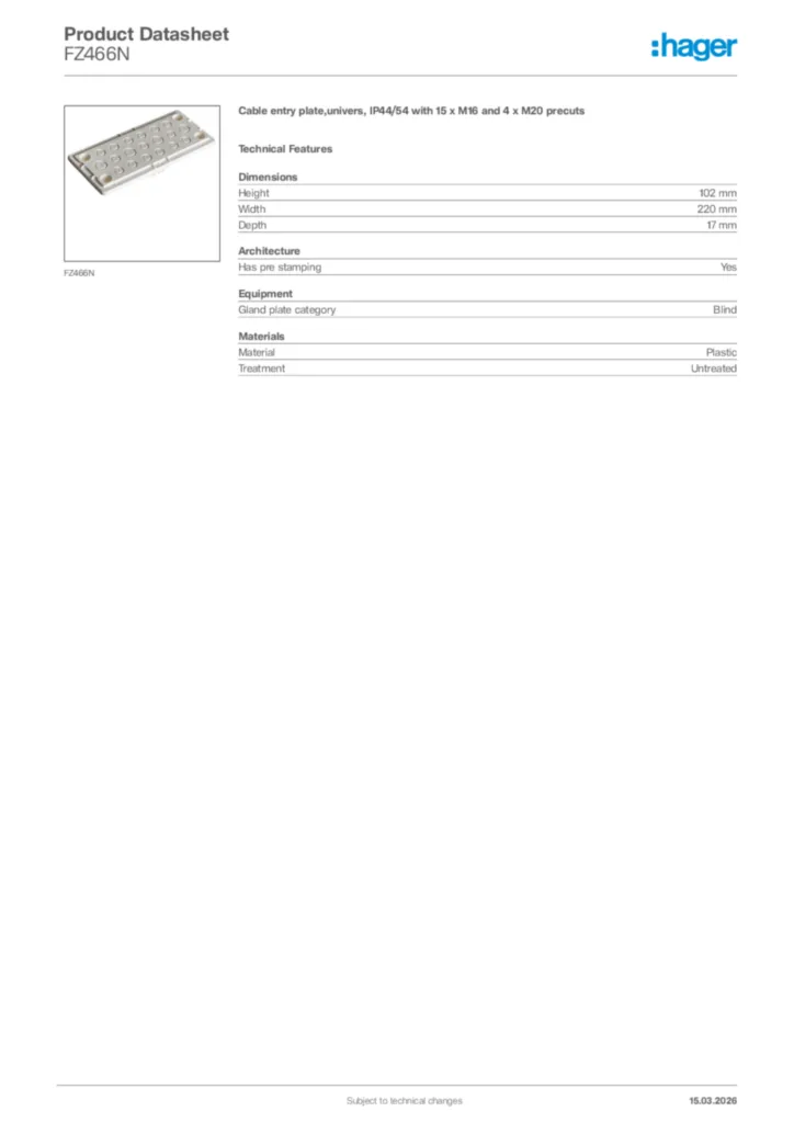Image Hager Product data sheet FZ466N  | Hager Africa