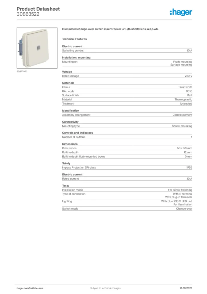 Image Hager Product data sheet 30863522  | Hager