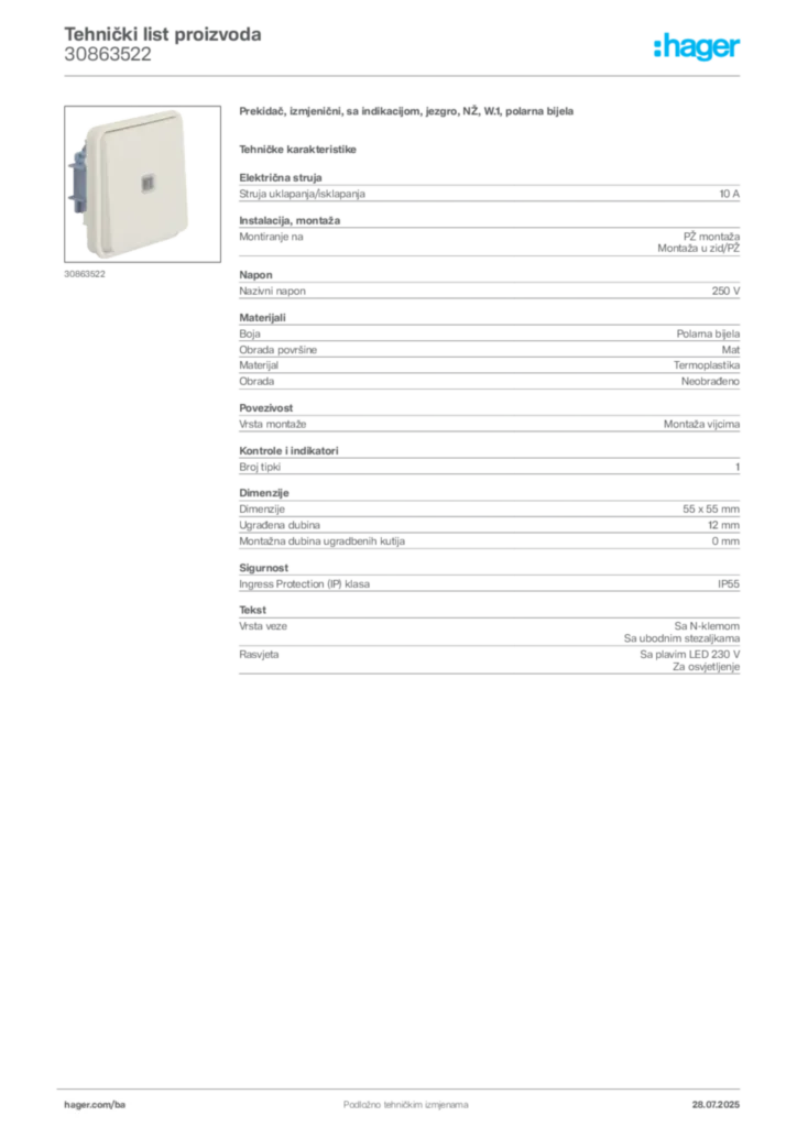 Slika Hager Product data sheet 30863522  | Hager