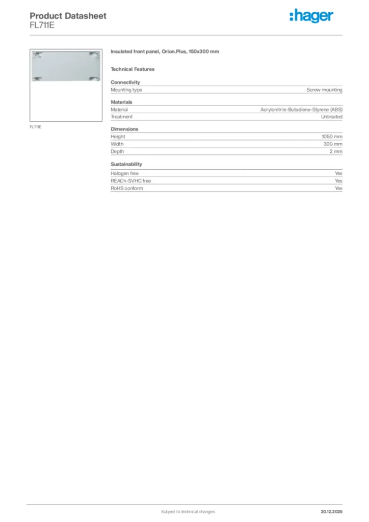 Image Hager Product data sheet FL711E  | Hager Africa