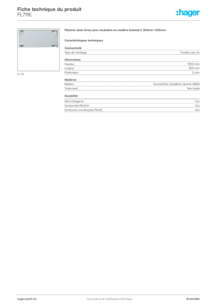 Image Hager Fiche technique du produit FL711E | Hager Belgique