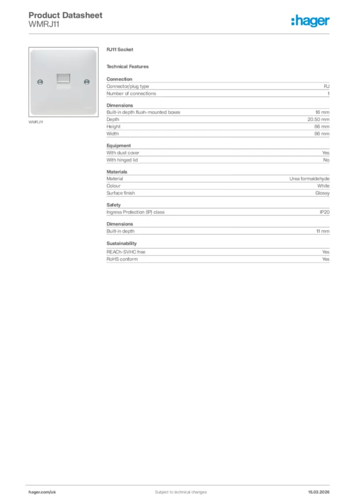 Image Hager Product data sheet WMRJ11  | Hager