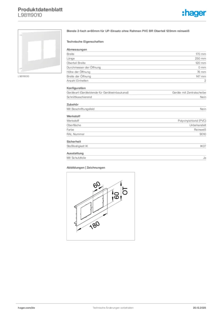 Bild Hager Produktdatenblatt L98119010 | Hager Deutschland