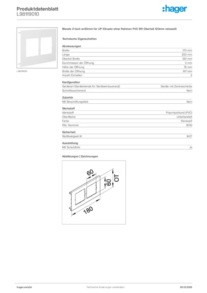 Bild Hager Produktdatenblatt L98119010 | Hager Deutschland