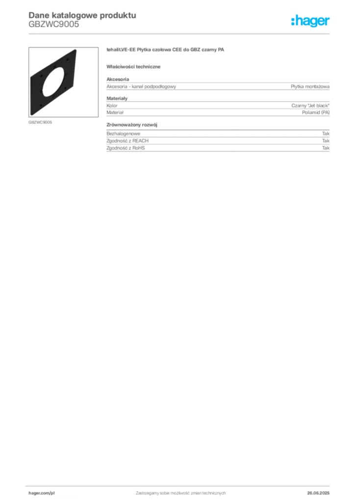 Zdjęcie Hager Karta katalogowa GBZWC9005 | Hager Polska
