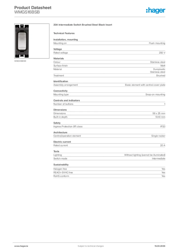 Image Hager Product data sheet WMGS16BSB  | Hager