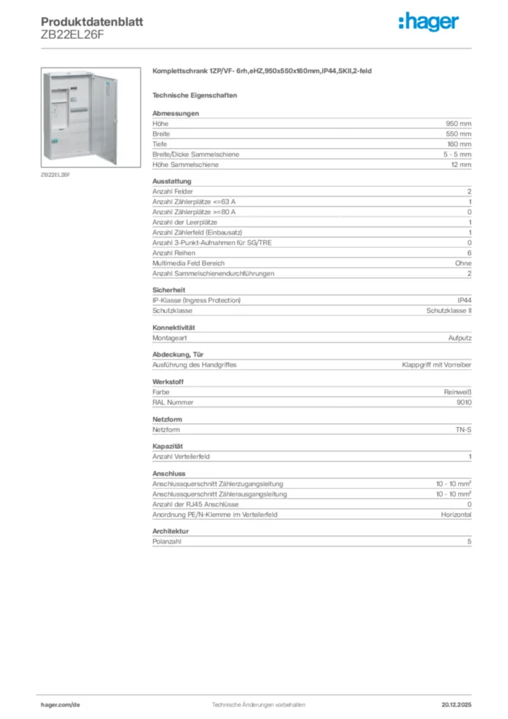 Bild Hager Produktdatenblatt ZB22EL26F | Hager Deutschland