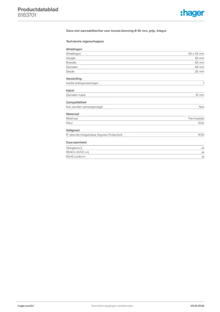 Afbeelding Hager Productdatablad 8183701 | Hager Nederland