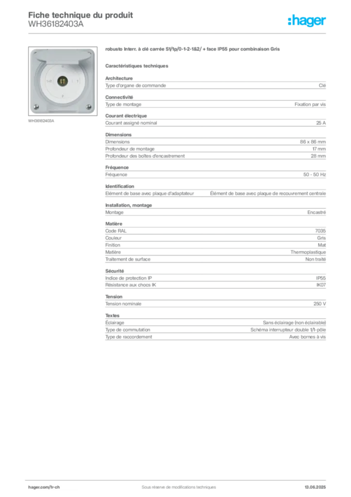 Image Hager Fiche technique du produit WH36182403A | Hager Suisse