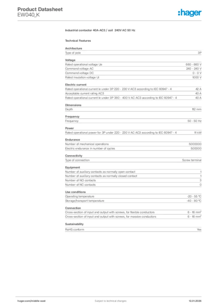 Image Hager Product data sheet EW040_K  | Hager