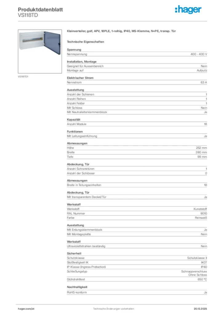 Bild Hager Produktdatenblatt VS118TD | Hager Deutschland