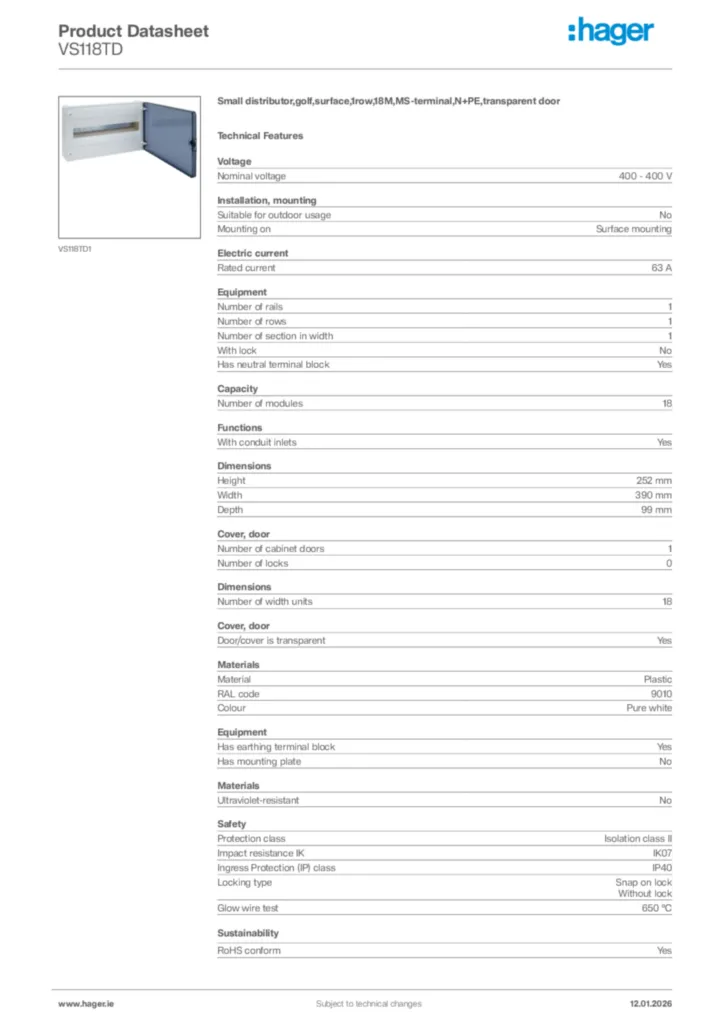 Image Hager Product data sheet VS118TD  | Hager