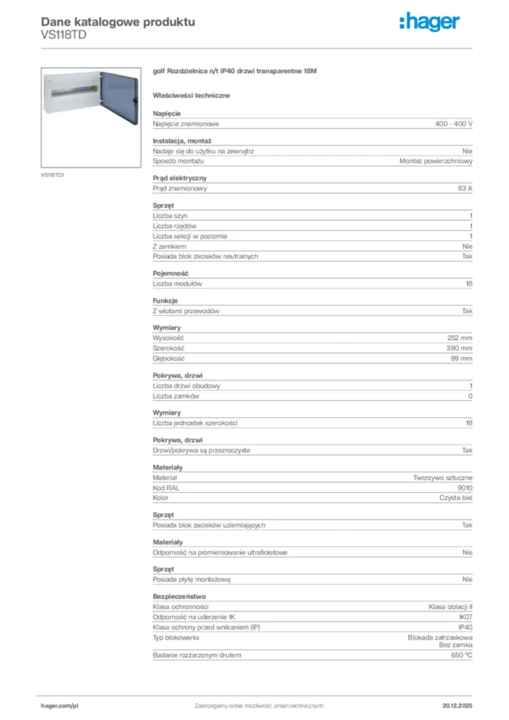 Zdjęcie Hager Karta katalogowa VS118TD | Hager Polska