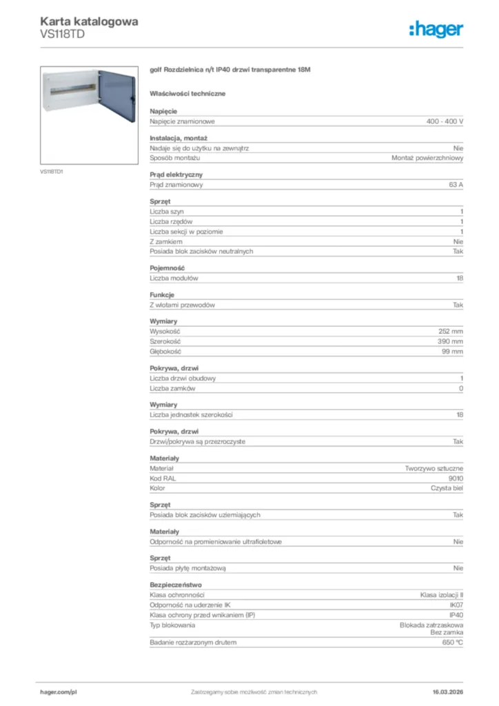 Zdjęcie Hager Karta katalogowa VS118TD | Hager Polska