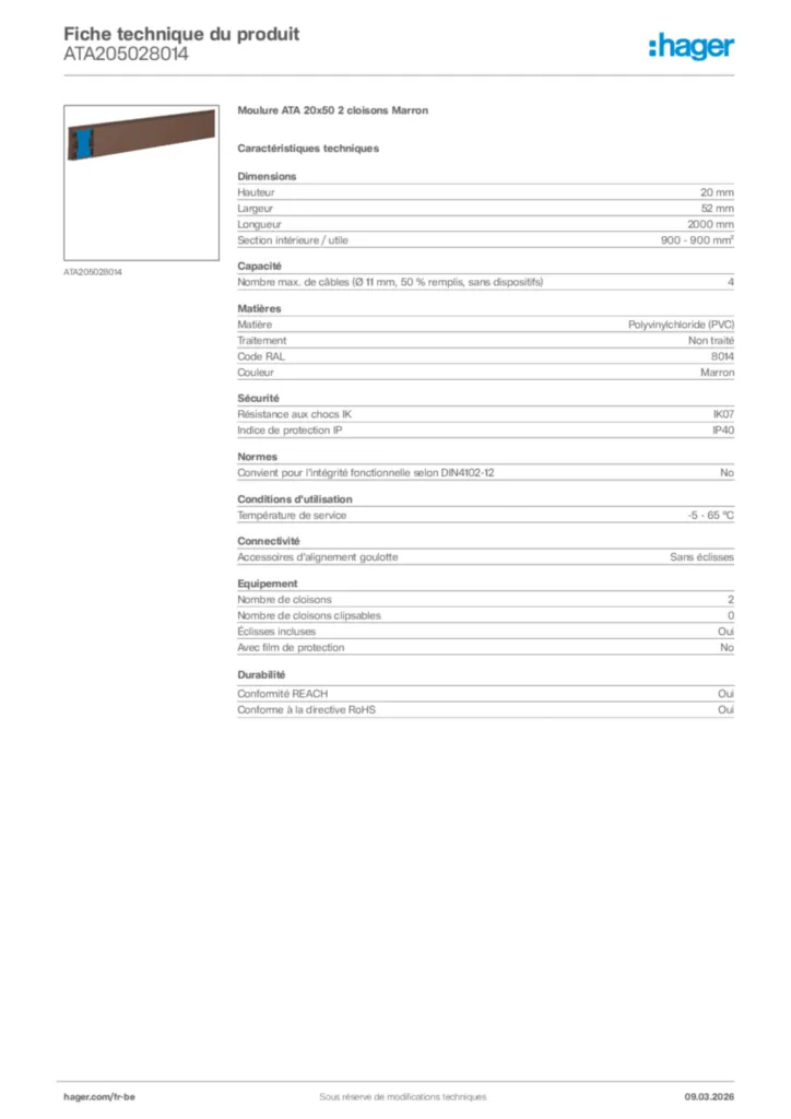 Image Hager Fiche technique du produit ATA205028014 | Hager Belgique