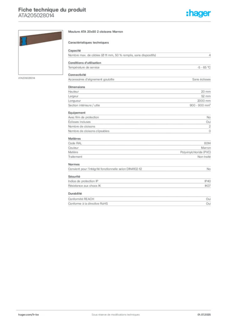 Image Hager Fiche technique du produit ATA205028014 | Hager Belgique