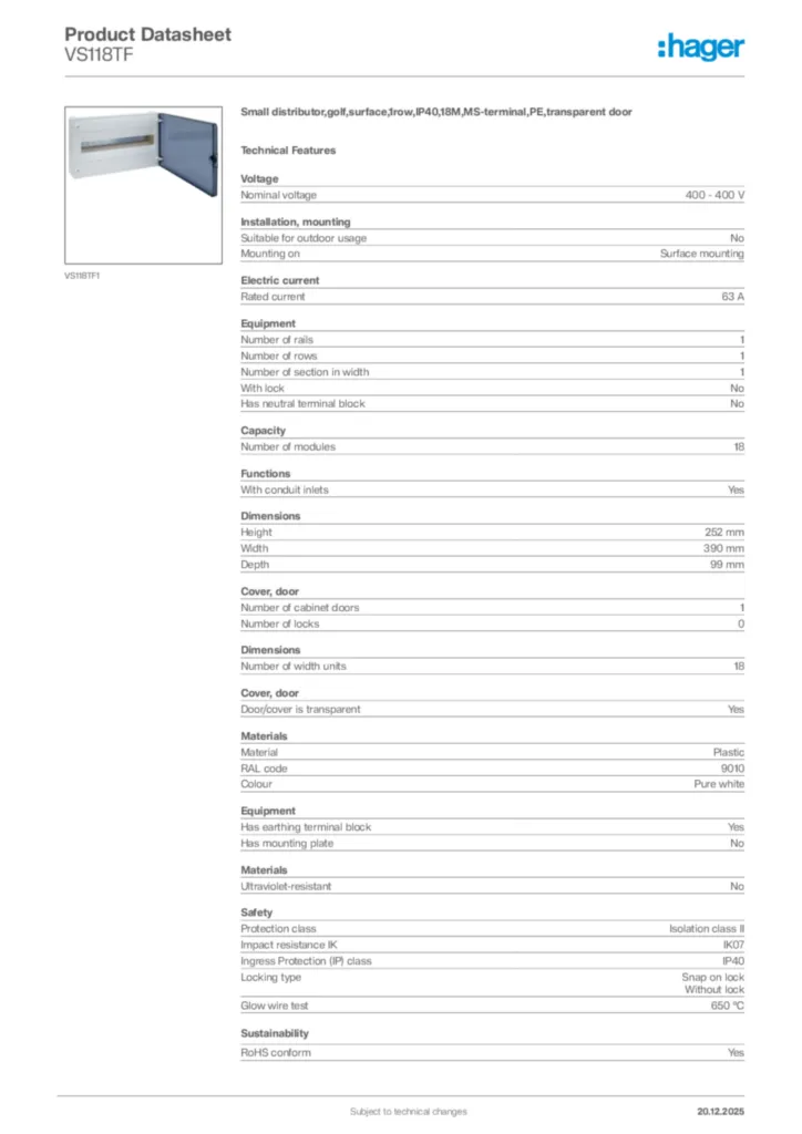 Image Hager Product data sheet VS118TF  | Hager Africa