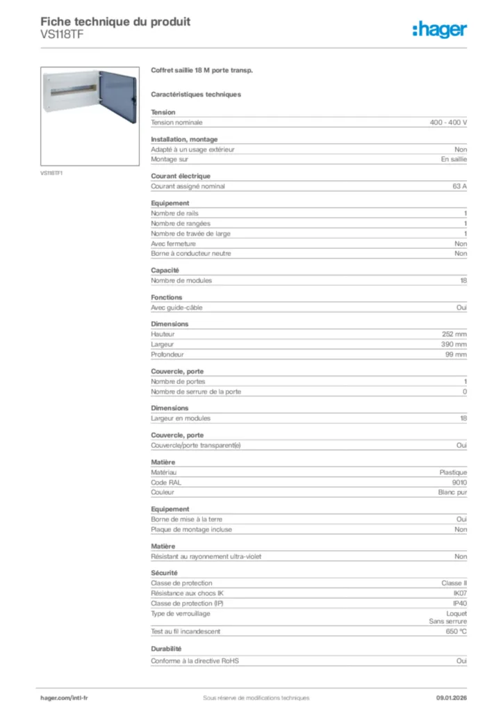 Image Hager Fiche technique du produit VS118TF | Hager Afrique