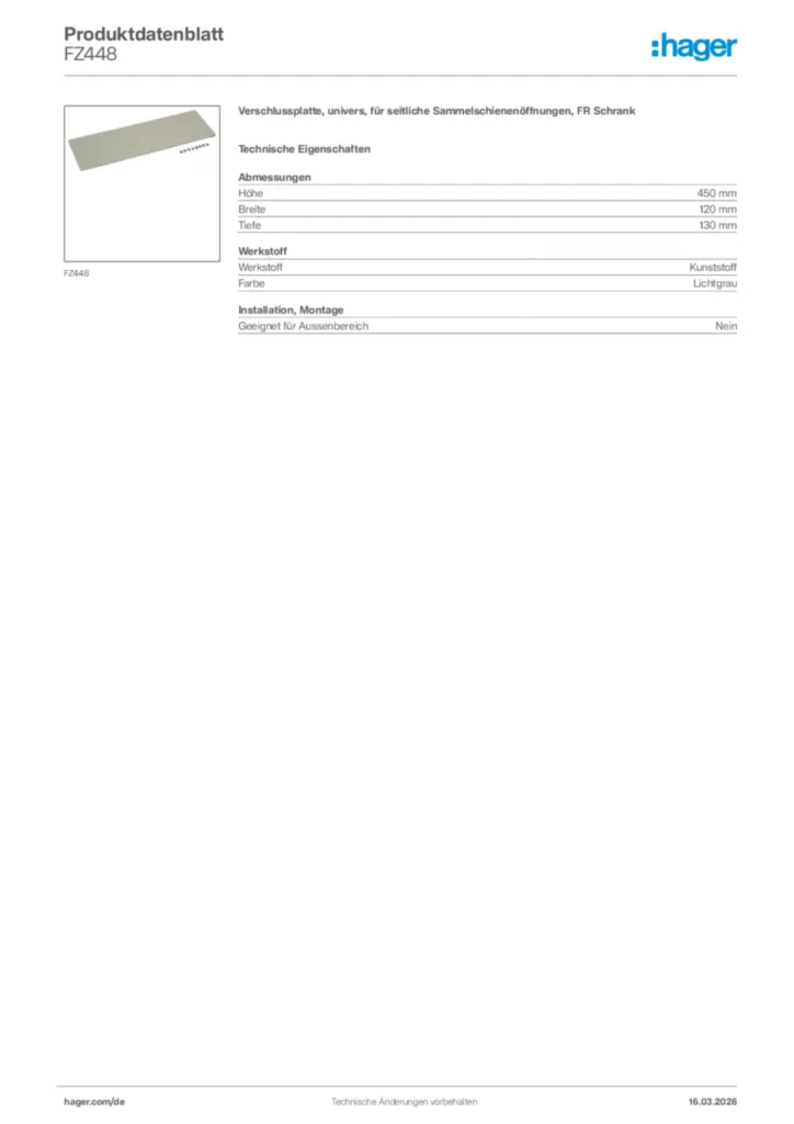 Bild Hager Produktdatenblatt FZ448 | Hager Deutschland
