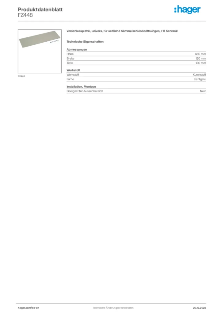 Bild Hager Produktdatenblatt FZ448 | Hager Schweiz