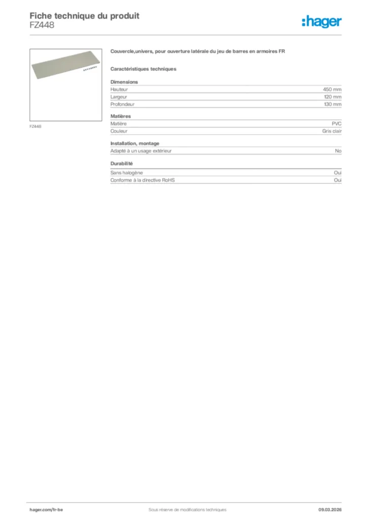 Image Hager Fiche technique du produit FZ448 | Hager Belgique