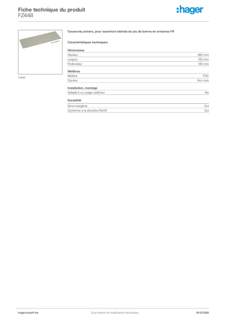 Image Hager Fiche technique du produit FZ448 | Hager Belgique