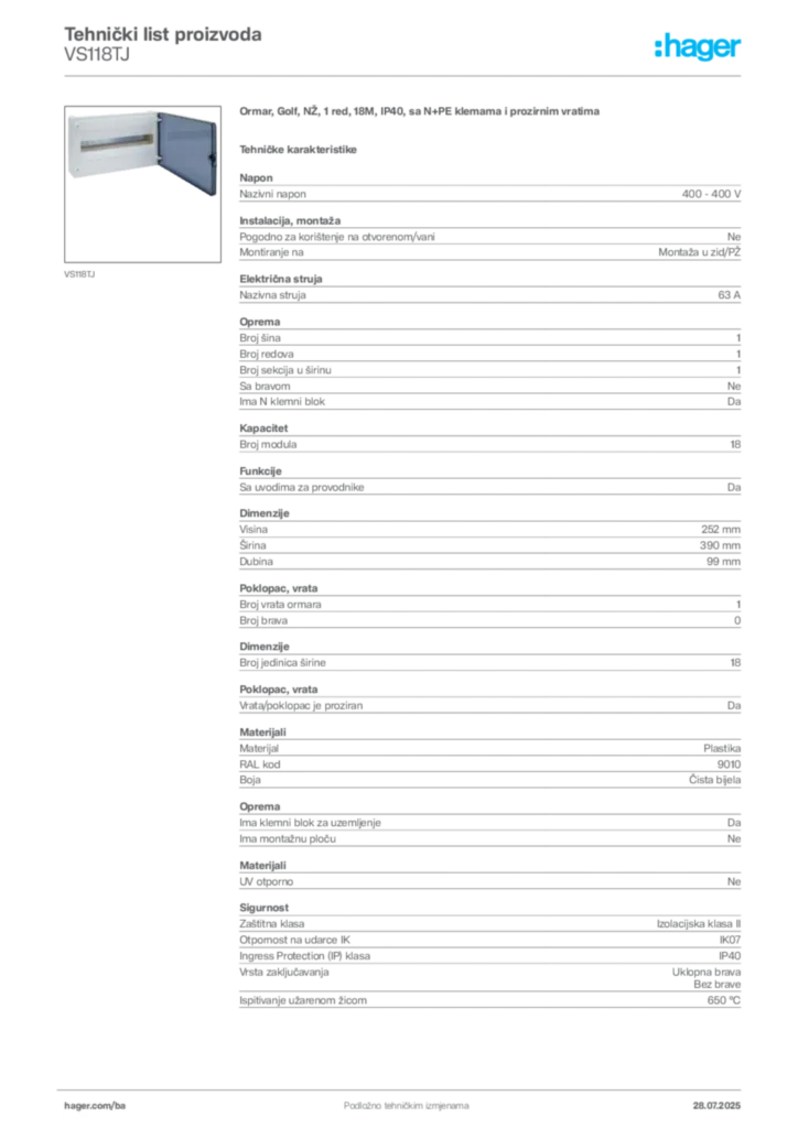 Slika Hager Product data sheet VS118TJ  | Hager