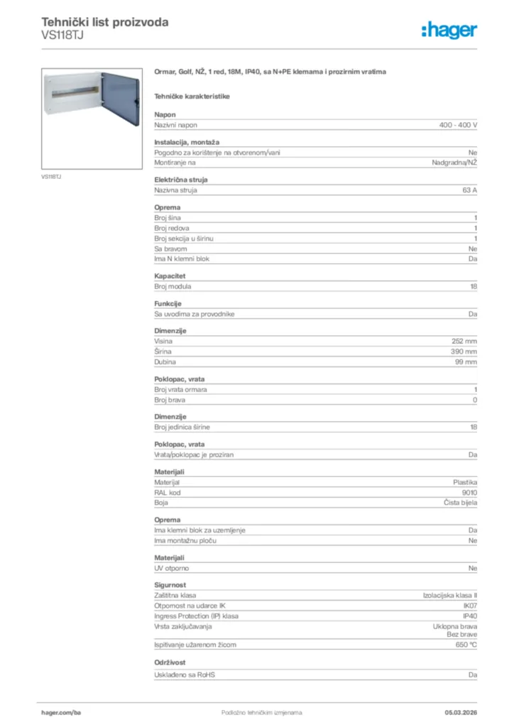 Slika Hager Tehnički list proizvoda VS118TJ  | Hager