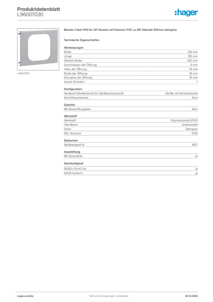 Bild Hager Produktdatenblatt L96007030 | Hager Deutschland