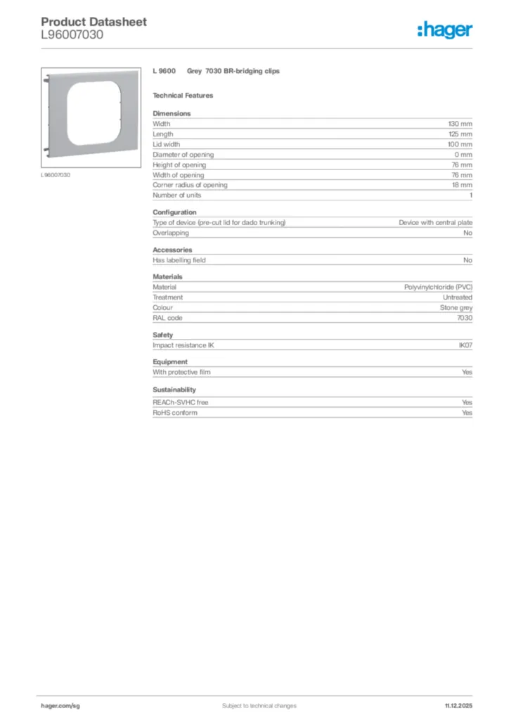 Image Hager Product data sheet L96007030  | Hager