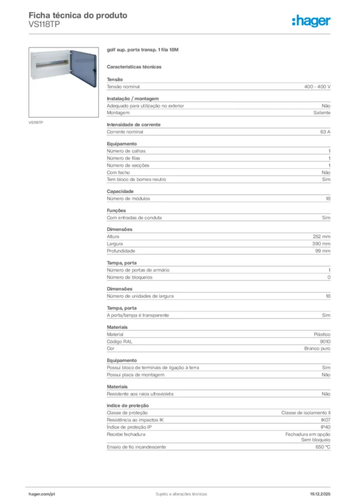 Imagem Hager Ficha técnica do produto VS118TP | Hager Portugal