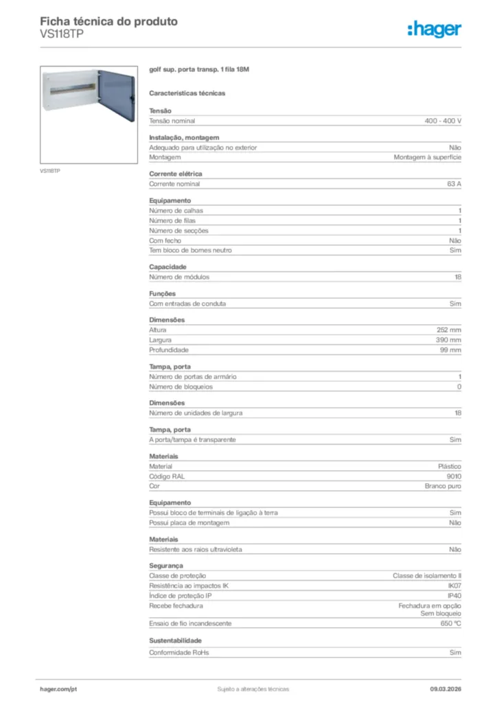 Imagem Hager Ficha técnica do produto VS118TP | Hager Portugal