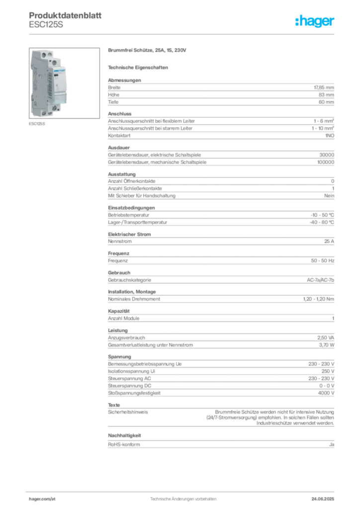 Bild Hager Produktdatenblatt ESC125S | Hager Deutschland