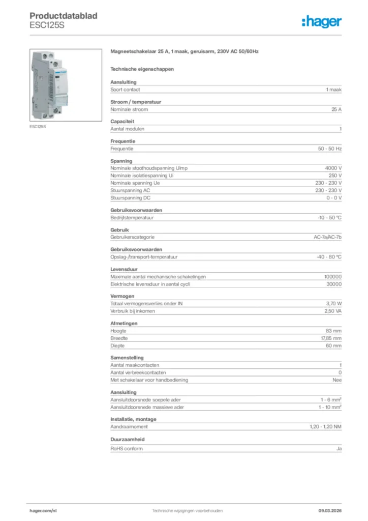 Afbeelding Hager Productdatablad ESC125S | Hager Nederland