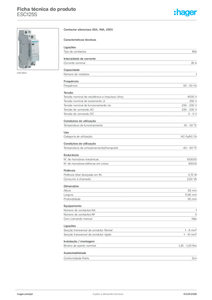 Imagem Hager Ficha técnica do produto ESC125S | Hager Portugal