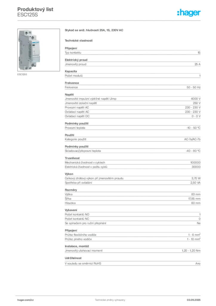Obrázek Hager Produktový list ESC125S | Hager