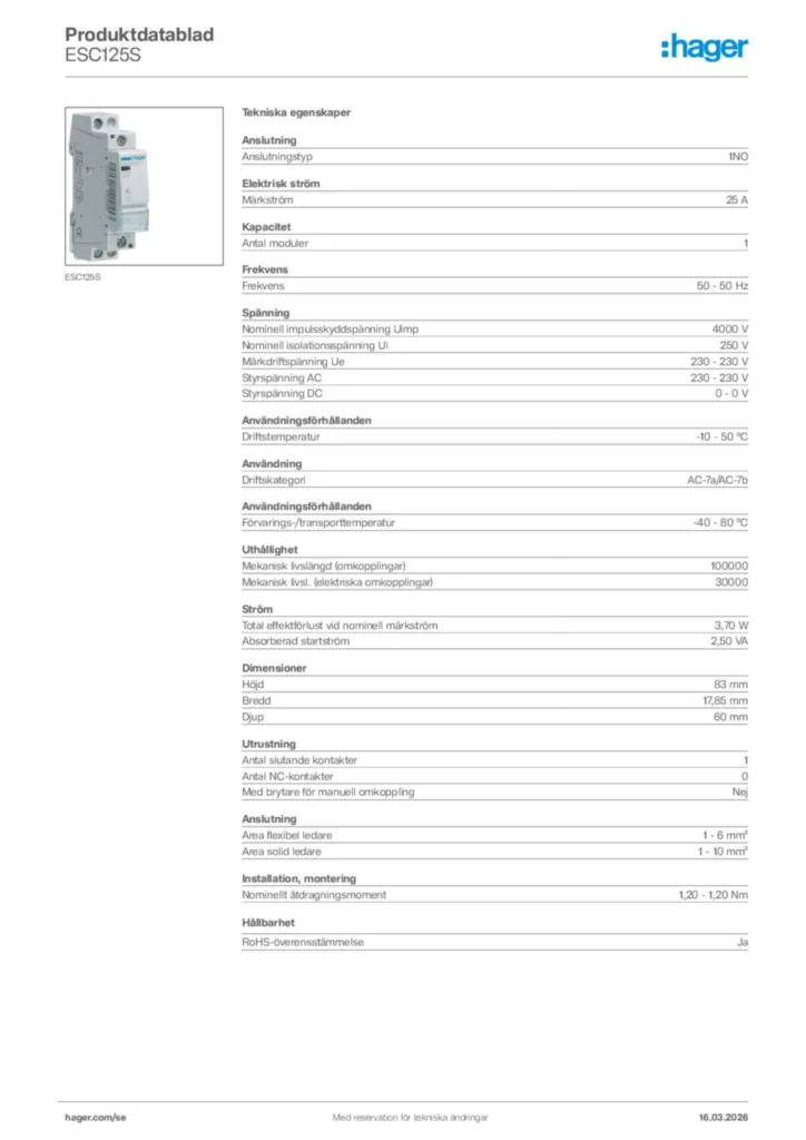 Bild Hager Produktdatablad ESC125S | Hager Sverige