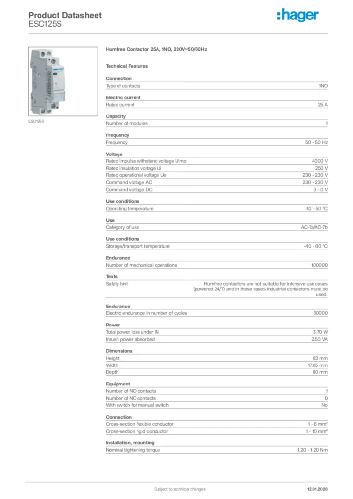 Image Hager Product data sheet ESC125S  | Hager