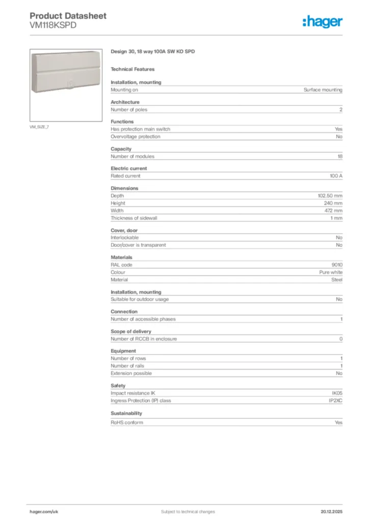 Image Hager Product data sheet VM118KSPD  | Hager