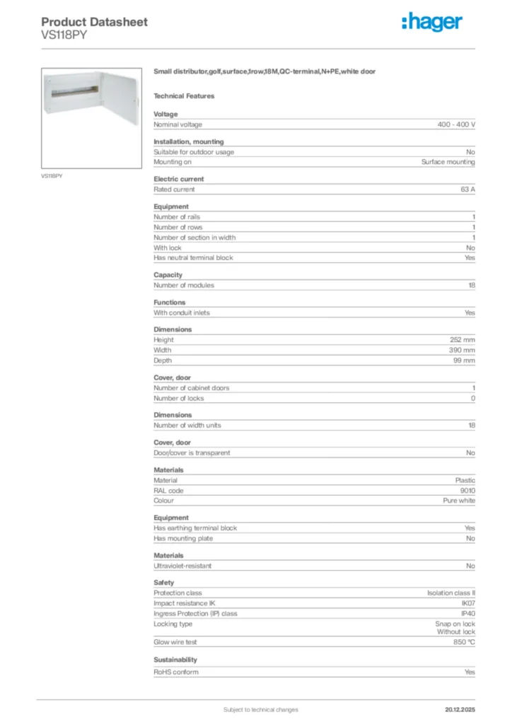 Image Hager Product data sheet VS118PY  | Hager Africa