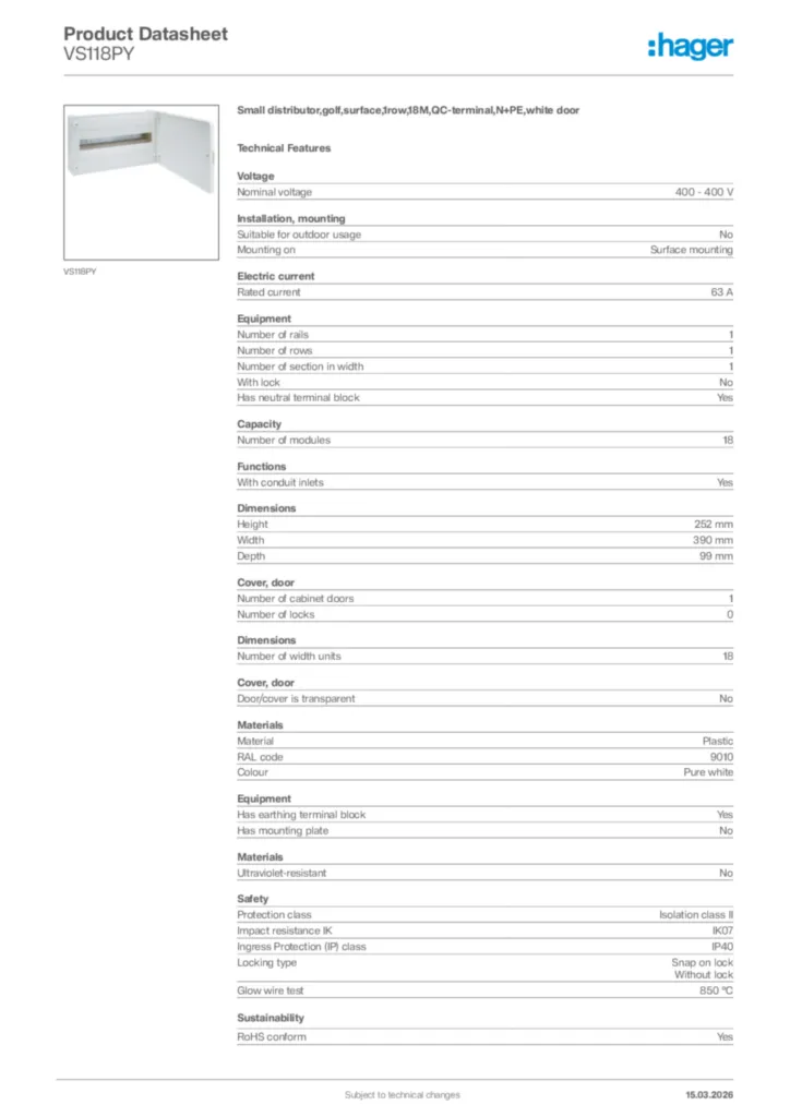 Image Hager Product data sheet VS118PY  | Hager Africa